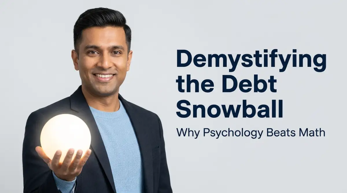 A smart 28-year-old South Asian male model smiling with confidence as he holds a glowing snowball, illustrating the psychological power of the debt snowball method to pay off debt.